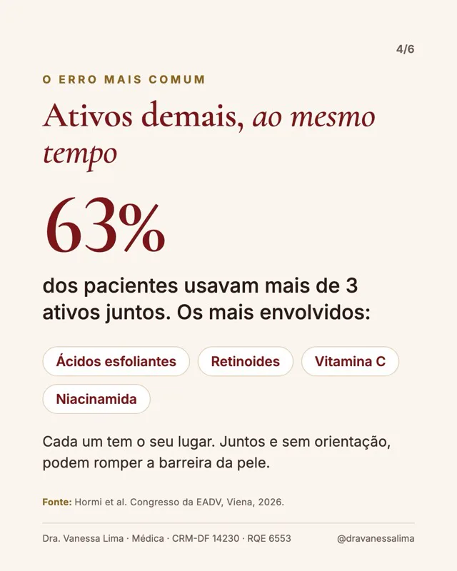 O erro mais comum Ativos demais, ao mesmo tempo 63% dos pacientes usavam mais de 3 ativos juntos. Os mais envolvidos: Ácidos esfoliantes Retinoides Vitamina C Niacinamida Cada um tem o seu lugar. Juntos e sem orientação, podem romper a barreira da pele.